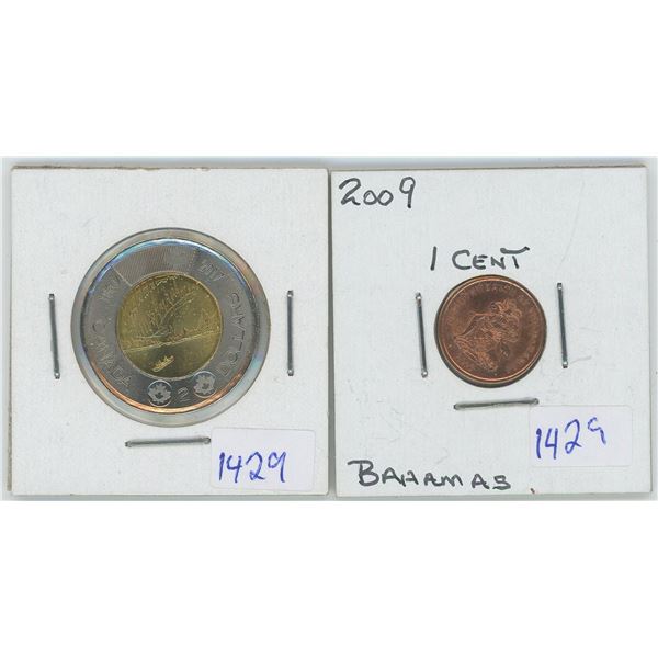 2017 Canadian 2 Dollar Coin & 2009 Bahamas 1 Cent Coin
