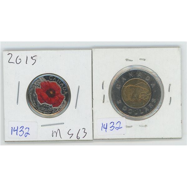 2011 Canadian 2 Dollar Coin & 2015 Canadian 25 Cent Coin