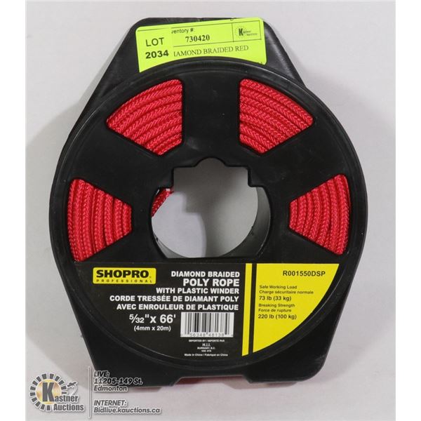 NEW 66' DIAMOND BRAIDED RED ROPE