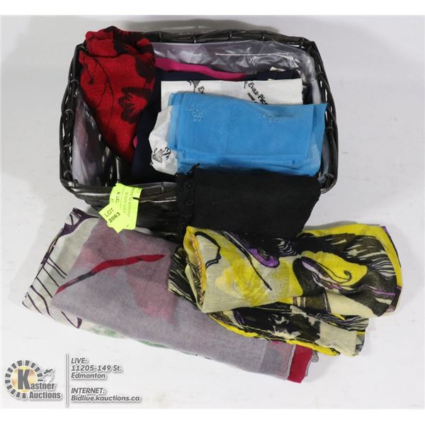 LOT OF 8 NEW LADIES SCARVES/WRAPS IN BASKET