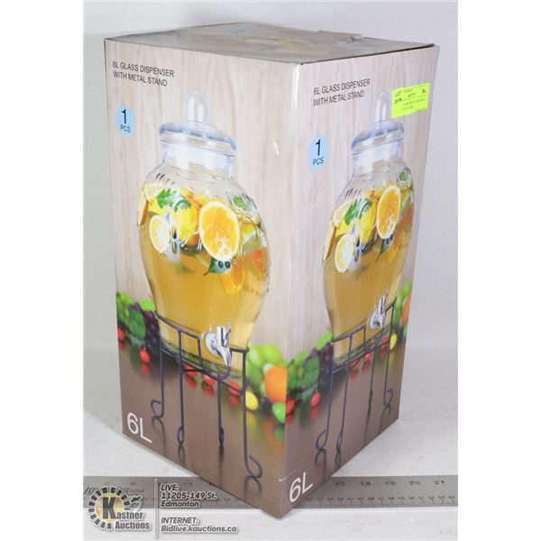 NEW 6L GLASS DRINK DISPENSER WITH METAL STAND