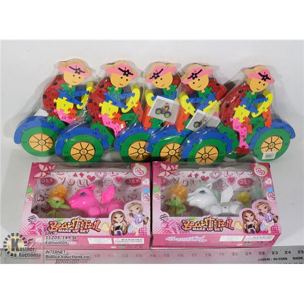 5 WOODEN PUZZLES AND TWO DOLL SETS