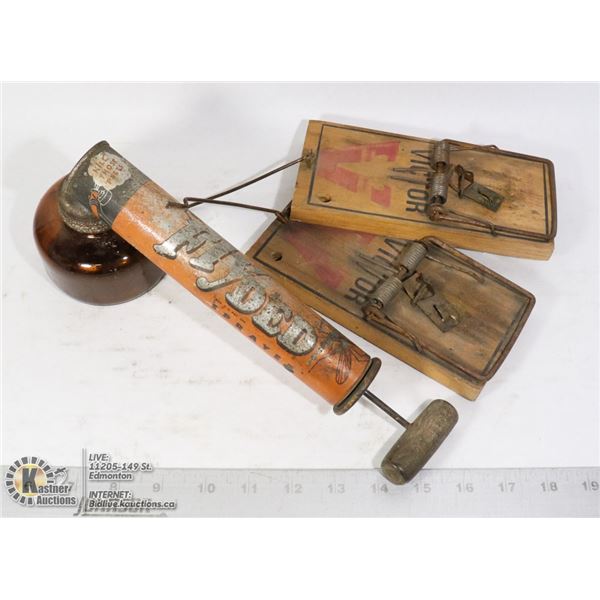 LOT OF VINTAGE RAT TRAPS AND PESTICIDE SPRAYER