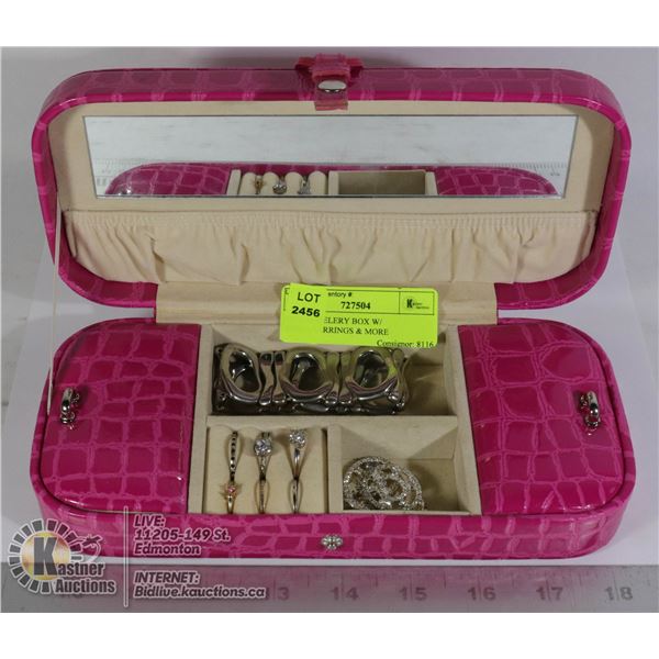 PINK JEWELERY BOX W/ RINGS,EARRINGS & MORE