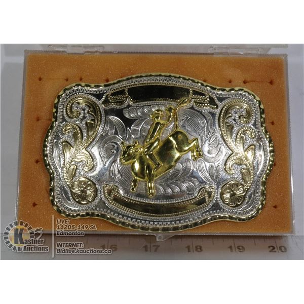 HUGE SILVER & GOLD BULL RIDING BELT BUCKLE