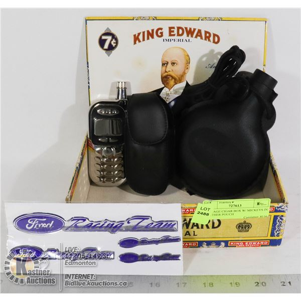 VINTAGE CIGAR BOX W/ MICKEYS IN LEATHER POUCH