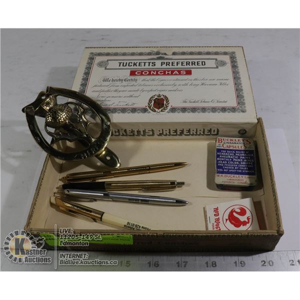 VINTAGE CIGAR BOX VINTAGE PENS TIN HORSHOE & MORE