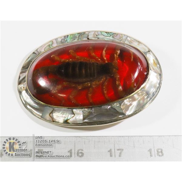 MEXICAN SILVER HUGE SCORPION & ABALONE BELT BUCKLE