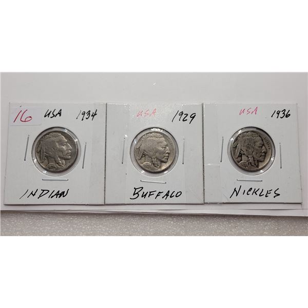 38)  LOT OF 3 INDIAN HEAD US 5 CENT COINS, 1929,