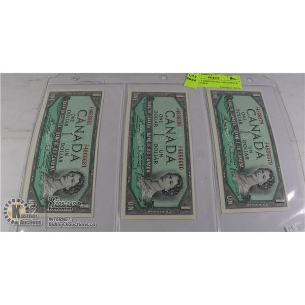 LOT OF 3 SEQUENTIAL 1954 ISSUE $1 BANKNOTES
