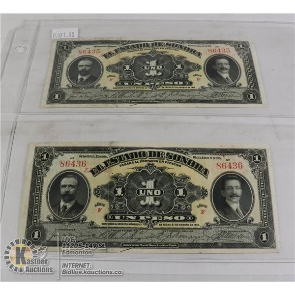 2 SEQUENTIAL 1913 SONORA MEXICO 1 PESO NOTES