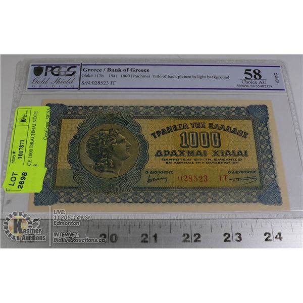 1941 GREECE 1000 DRACHMAI NOTE PCGS AU58