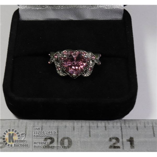 PINK HEART SILVER RING SZ 6