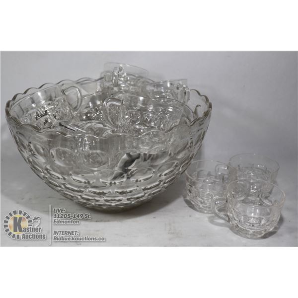 LARGE FEDERASL GLASS PUNCH BOWL SET WITH 18