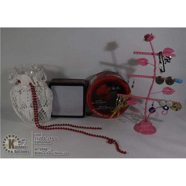 PINK STAND WITH EARRINGS ATTACHED AND COLLECTIBLE
