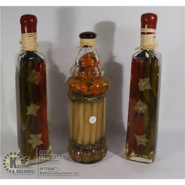 3 FILLED VINTAGE HOME DECOR BOTTLES