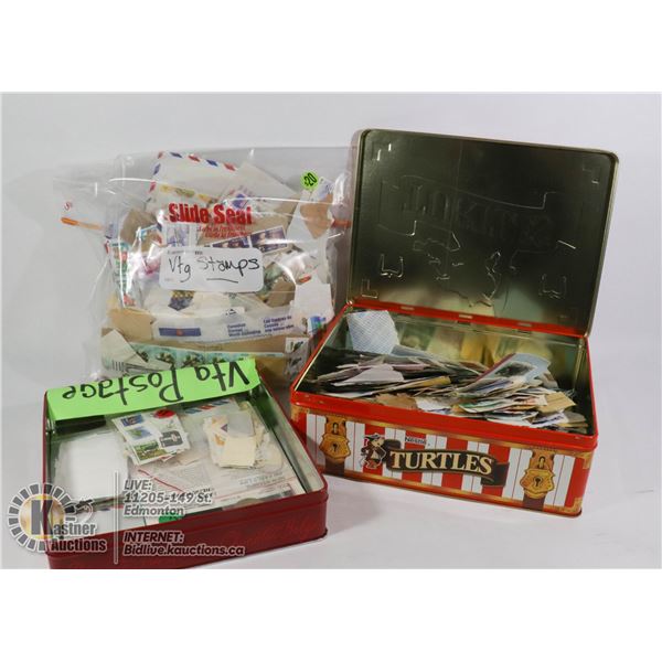 FLAT OF 3 CONTAINERS WITH VINTAGE WORLD WIDE STAMP