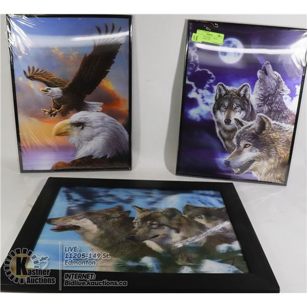 SET OF 3-D PICTURES - 2 WOLF PICTURES AND 1 EAGLE