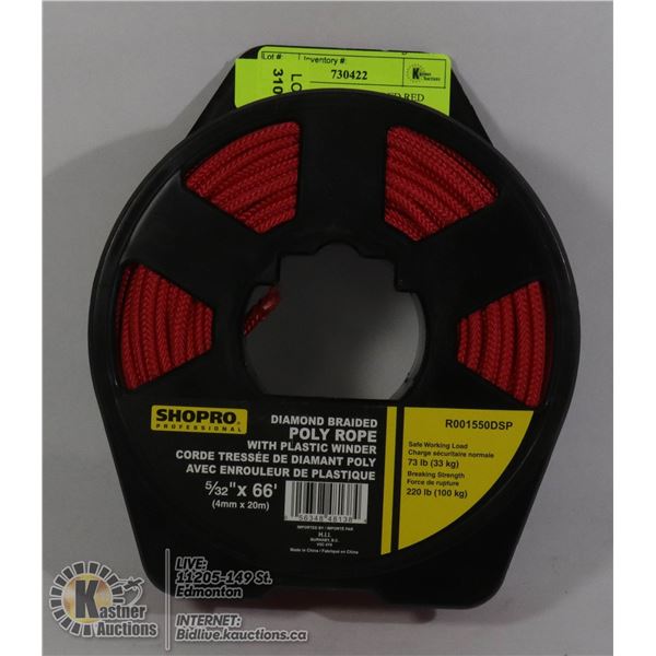 NEW 66' DIAMOND BRAIDED RED ROPE