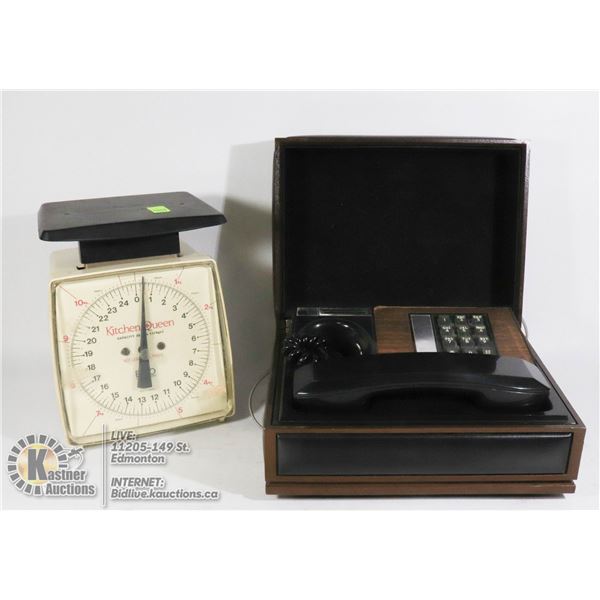 LOT OF VINTAGE KITCHEN SCALE AND CASE PHONE