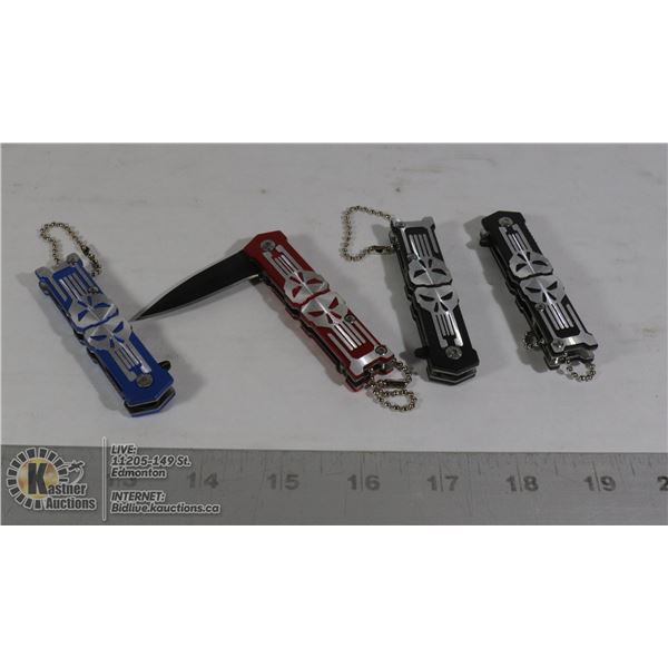 4 NEW SKULL POCKET KNIVES 2 BLACK, 1 RED, 1 BLUE