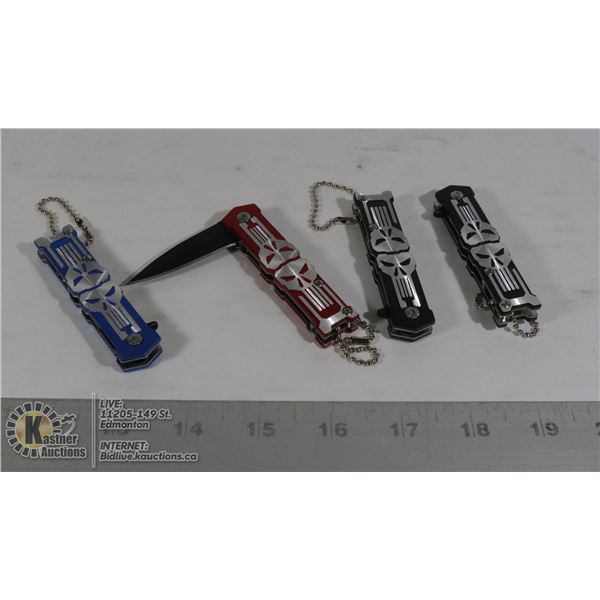 4 NEW SKULL POCKET KNIVES 2 BLACK, 1 RED, 1 BLUE