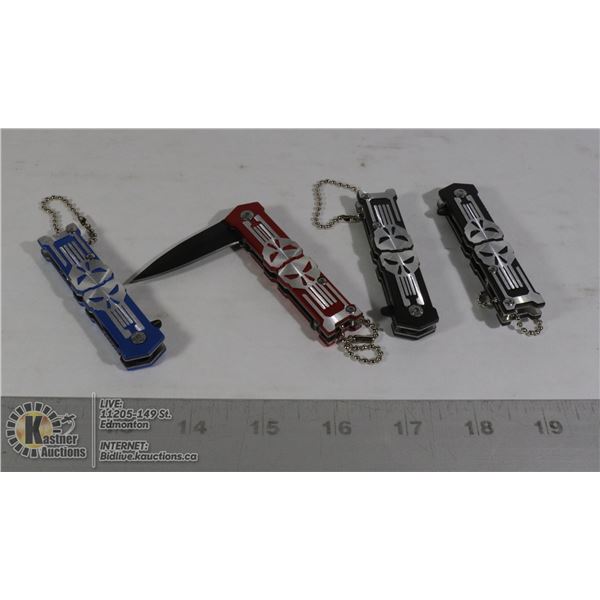 4 NEW SKULL POCKET KNIVES 2 BLACK, 1 RED, 1 BLUE