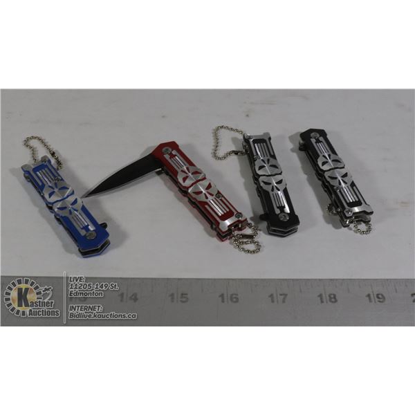4 NEW SKULL POCKET KNIVES 2 BLACK, 1 RED, 1 BLUE