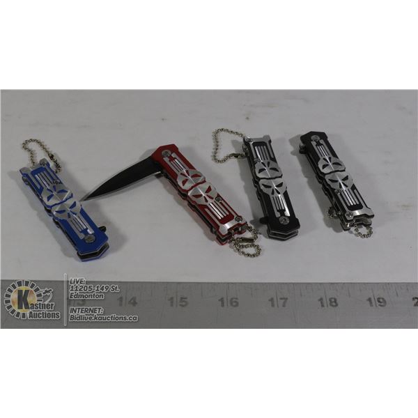 4 NEW SKULL POCKET KNIVES 2 BLACK, 1 RED, 1 BLUE
