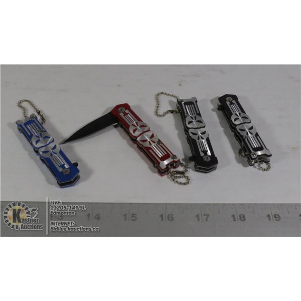 4 NEW SKULL POCKET KNIVES 2 BLACK, 1 RED, 1 BLUE