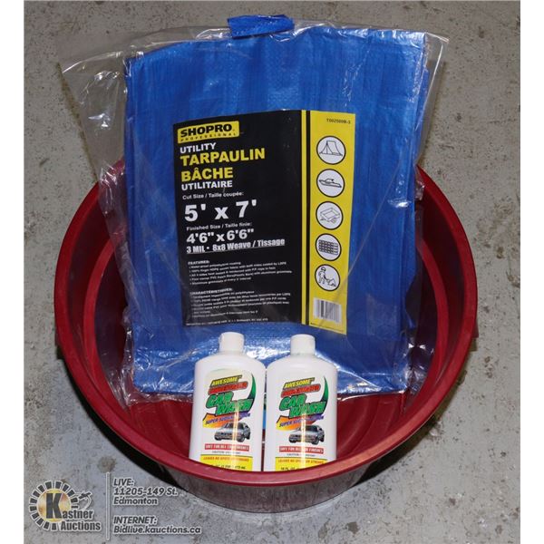 NEW GARDEN TOTE WITH A NEW TARP & 2 BOTTLES OF CAR