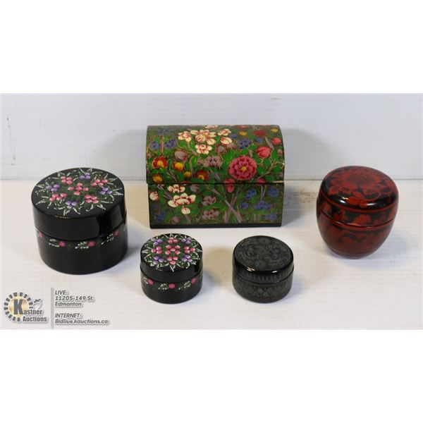 5 HANDPAINTED CASHMERE  PAPER MACHE TRINKET BOXES