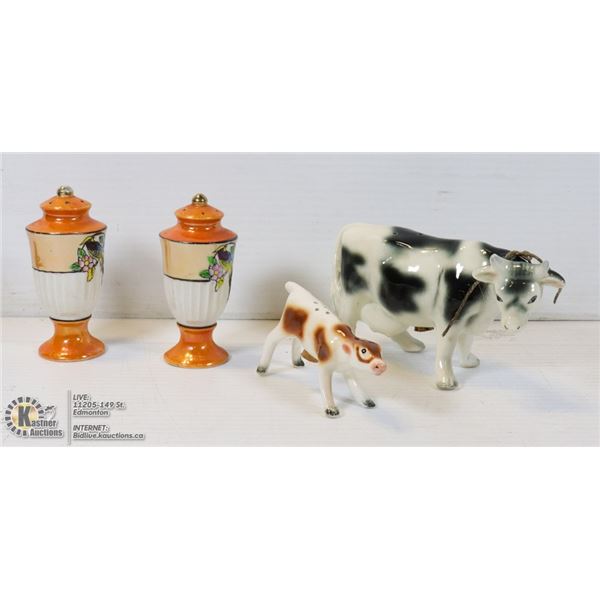 2 PAIRS SALT AND PEPPER VINTAGE COW AND CALF