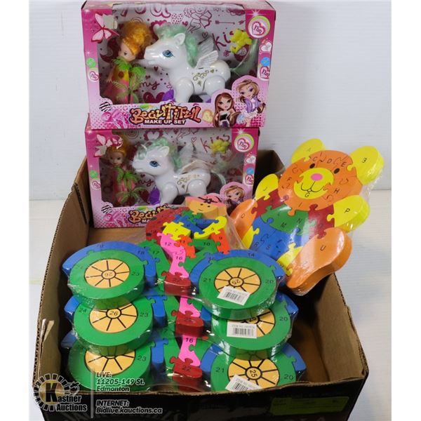 5 WOODEN PUZZLES AND TWO DOLL SETS