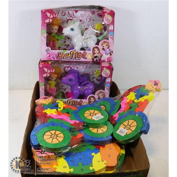 5 WOODEN PUZZLES AND TWO DOLL SETS