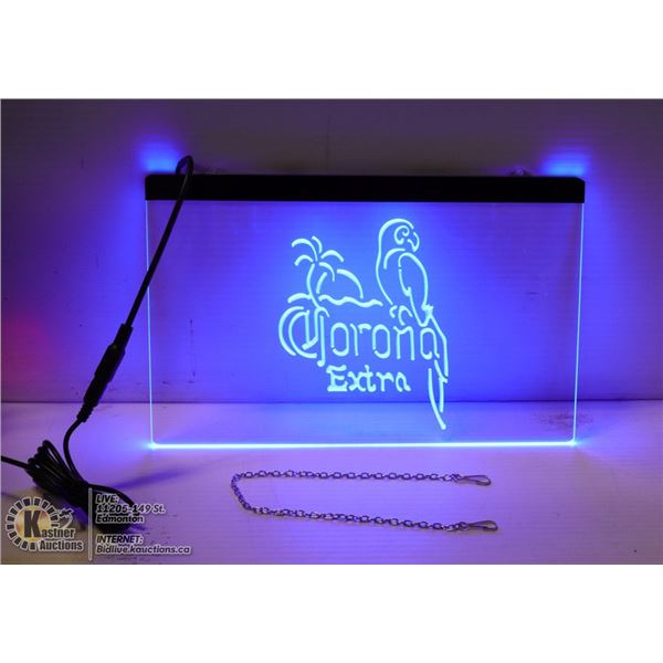 LIGHTED NEON BLUE "CORONA EXTRA" PARROT SIGN