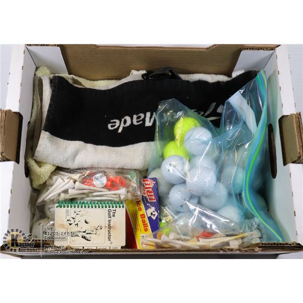 FLAT OF GOLF BALLS AND ACCESSORIES INCL. BAG OF
