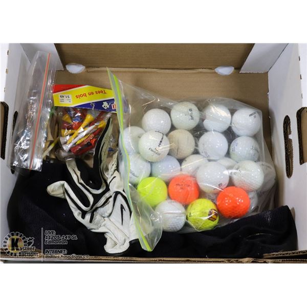 FLAT OF GOLF BALLS AND ACCESSORIES INCL. BAG OF