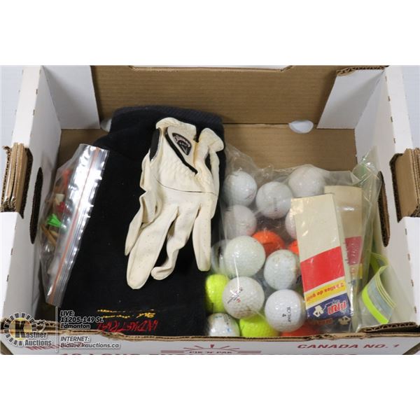 FLAT OF GOLF BALLS AND ACCESSORIES INCL. BAG OF