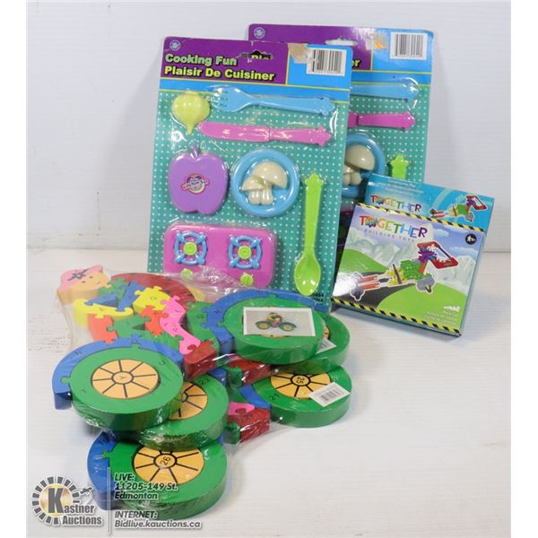 3 WOODEN PUZZLES, TWO KITCHEN SETS, CAR MODEL