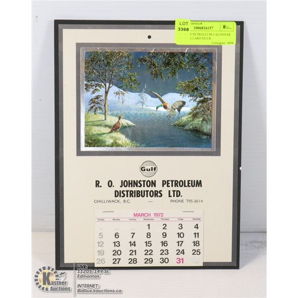 1972 GULF PETROLEUM CALENDAR WITH MALLARD DUCK