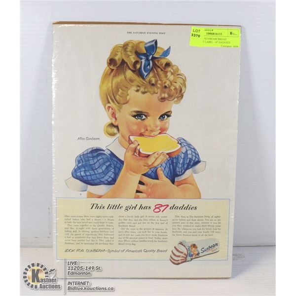 ANTIQUE SUNBEAM BREAD PRODUCT LABEL - 87 DADDIES