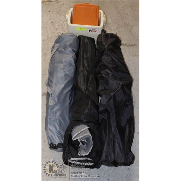3 FOLDING CAMP CHAIRS AND COLMAN COOLER