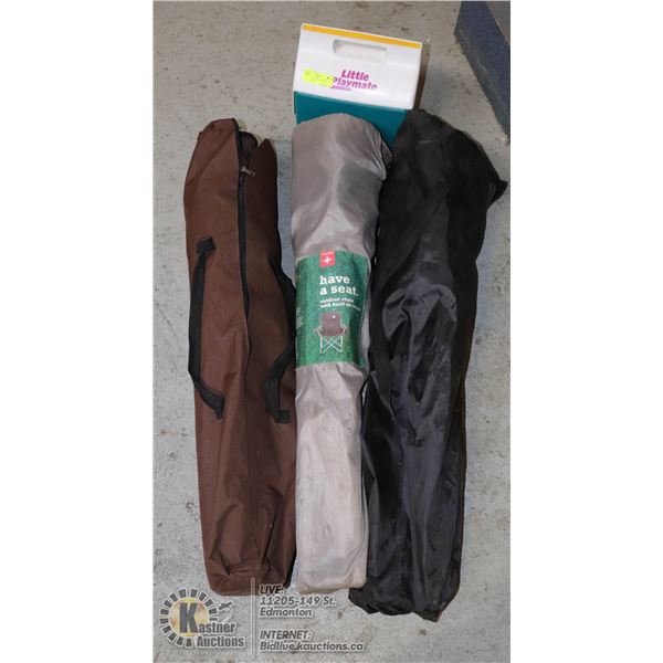 3 FOLDING CAMP CHAIRS AND IGLOO COOLER