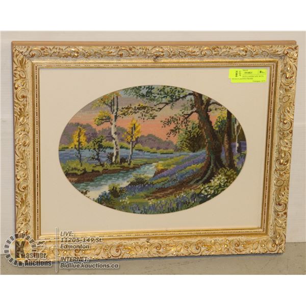 NEEDLE POINTS LANDSCAPE WITH WOOD CARVED FRAME