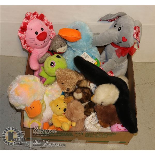BOX OF NEW PLUSH TOYS INCL. TYS - DUCKS, LION, ELEPHANT, BEARS, BUNNY, FROG, WINNIE THE POOH & MORE