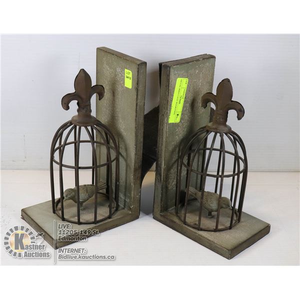 METAL BIRD CAGE BOOKENDS PAIR