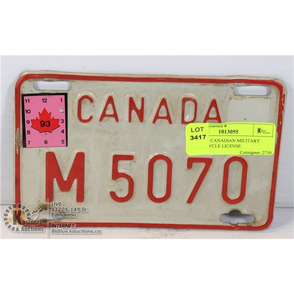 VINTAGE CANADIAN MILITARY MOTORCYCLE LICENSE PLATE