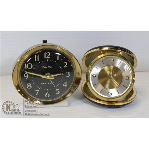 MID CENTURY  1 SETH THOMAS AND 1 WESTCLOX TRAVEL ALARM CLOCKS SETTH THOMAS 7 JEWEL, WESTCLOX BABY BE