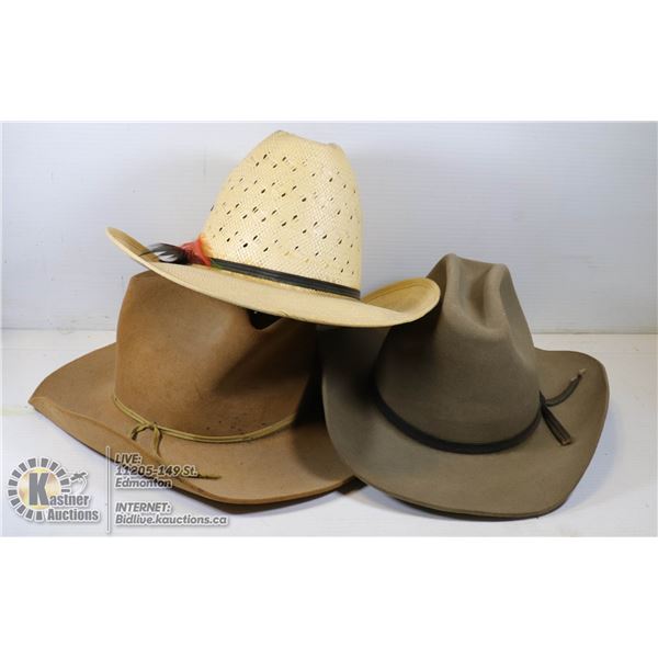 FLAT WITH 3 VINTAGE COWBOY HATS - STETSON HAT IN DARK BROWN FELT, DAINES STRAW HAT AND BAILY BROWN F